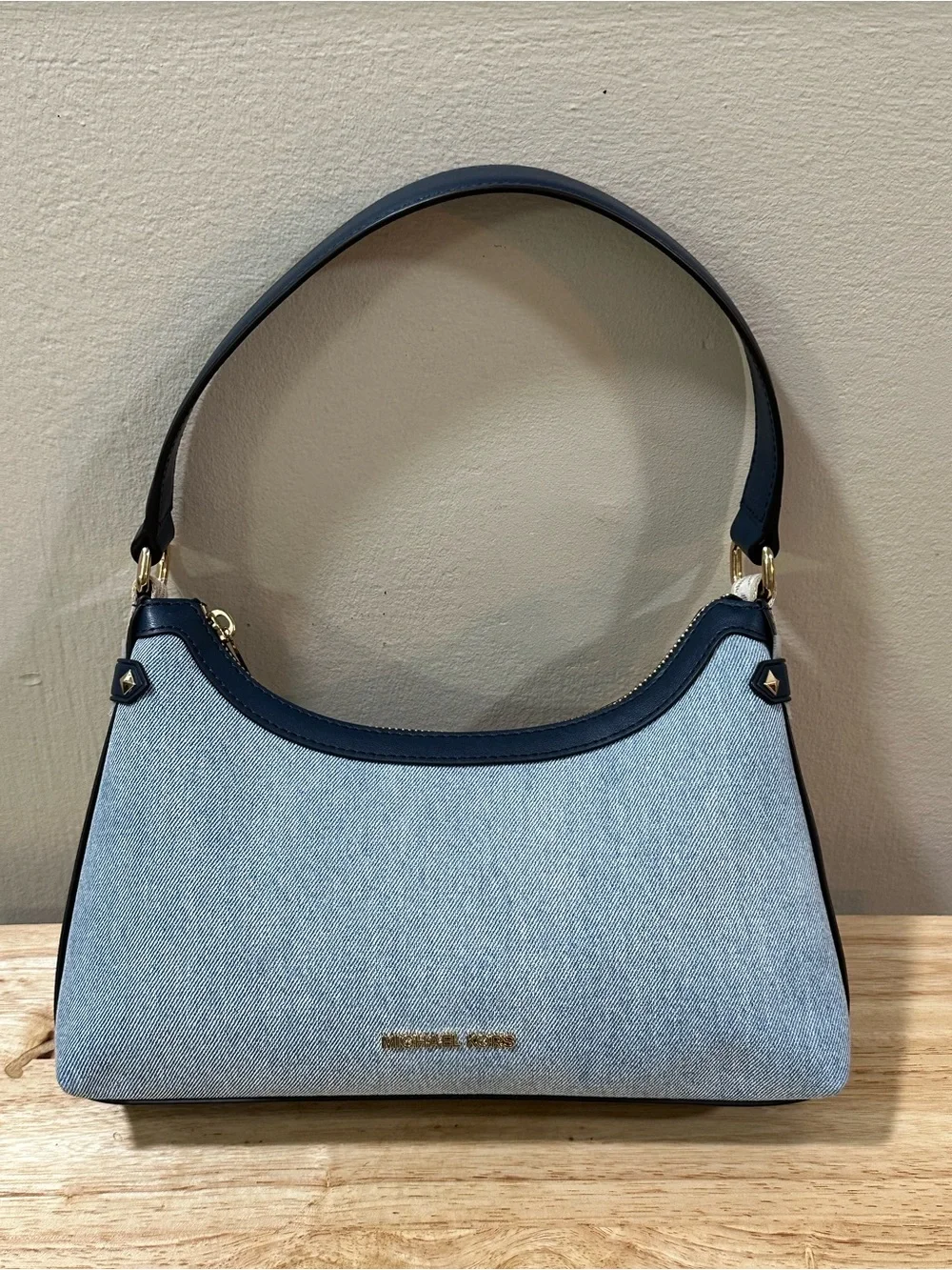Michael Kors Light Blue Denim Shoulder Hobo Bag with Navy Leather Trim